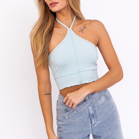 Le Lis Blue Ribbed Halter Crop Top Women’s Small – Y2K Tie Back Summer Tank - Picture 2 of 5